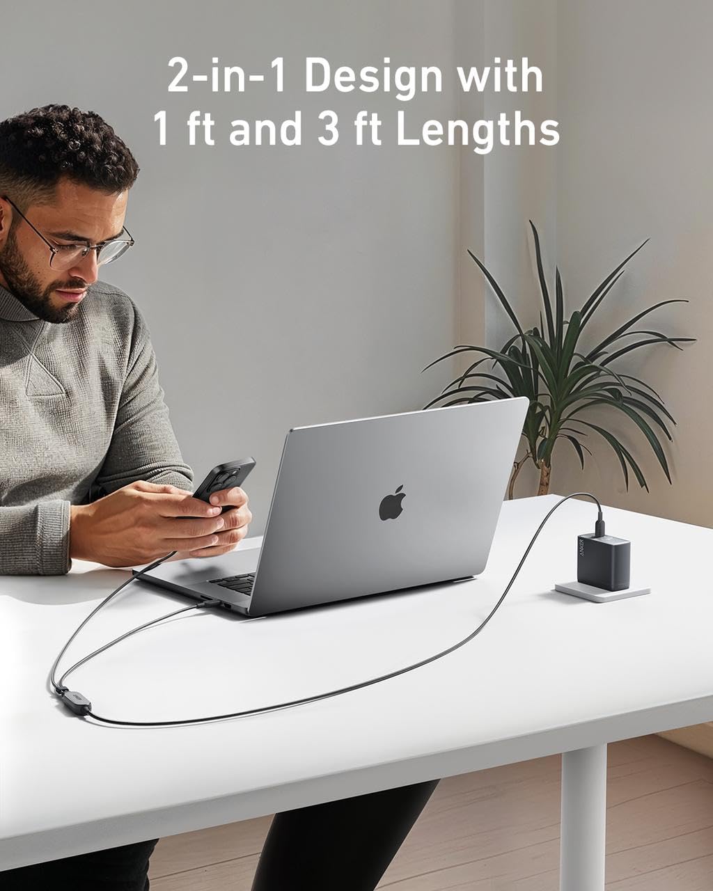 Anker A8895 2-in-1 USB-C to Dual USB-C Braided Cable 140W – Fast Charging for iPhone 16, MacBook, iPad & More
