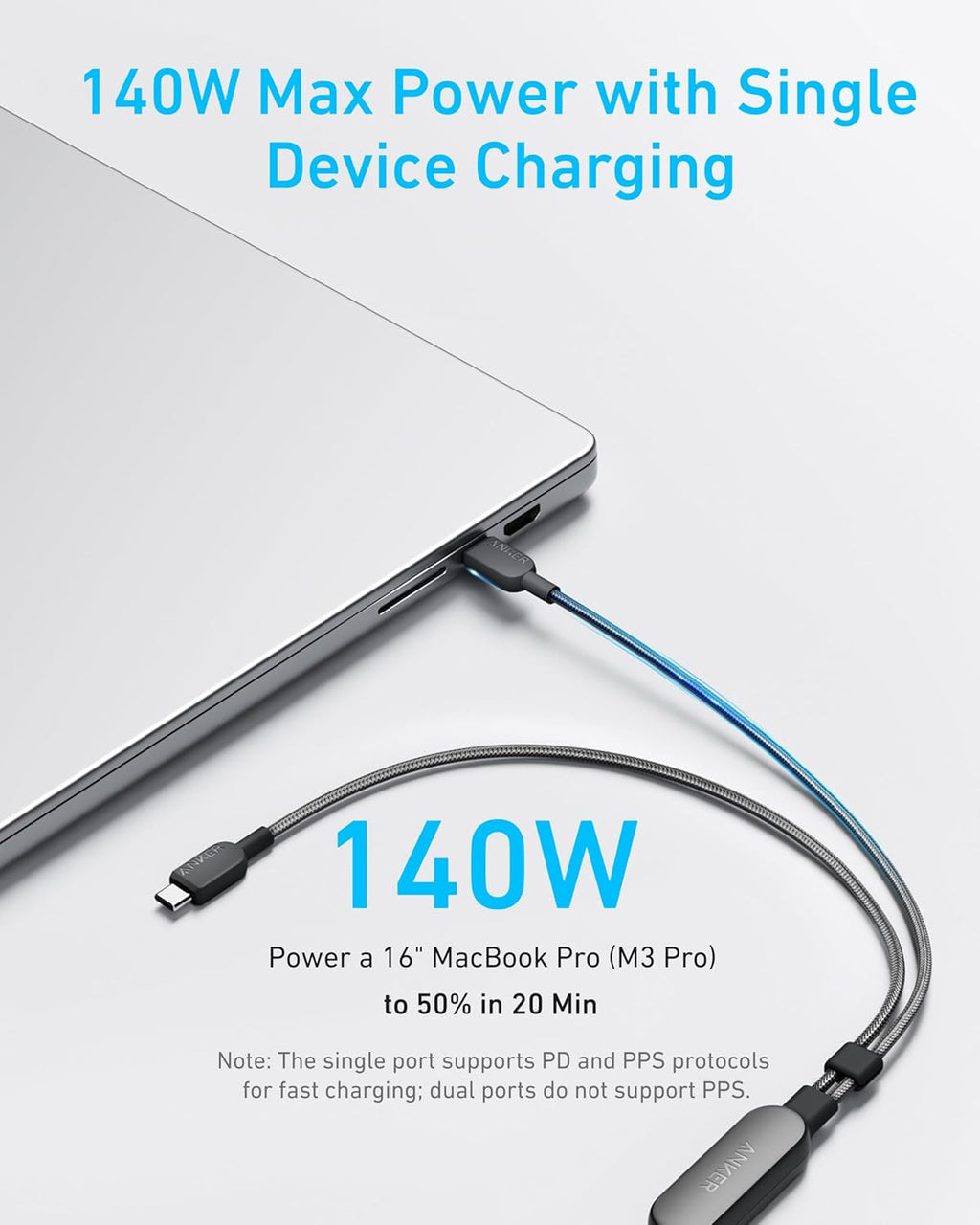 Anker A8895 2-in-1 USB-C to Dual USB-C Braided Cable 140W – Fast Charging for iPhone 16, MacBook, iPad & More