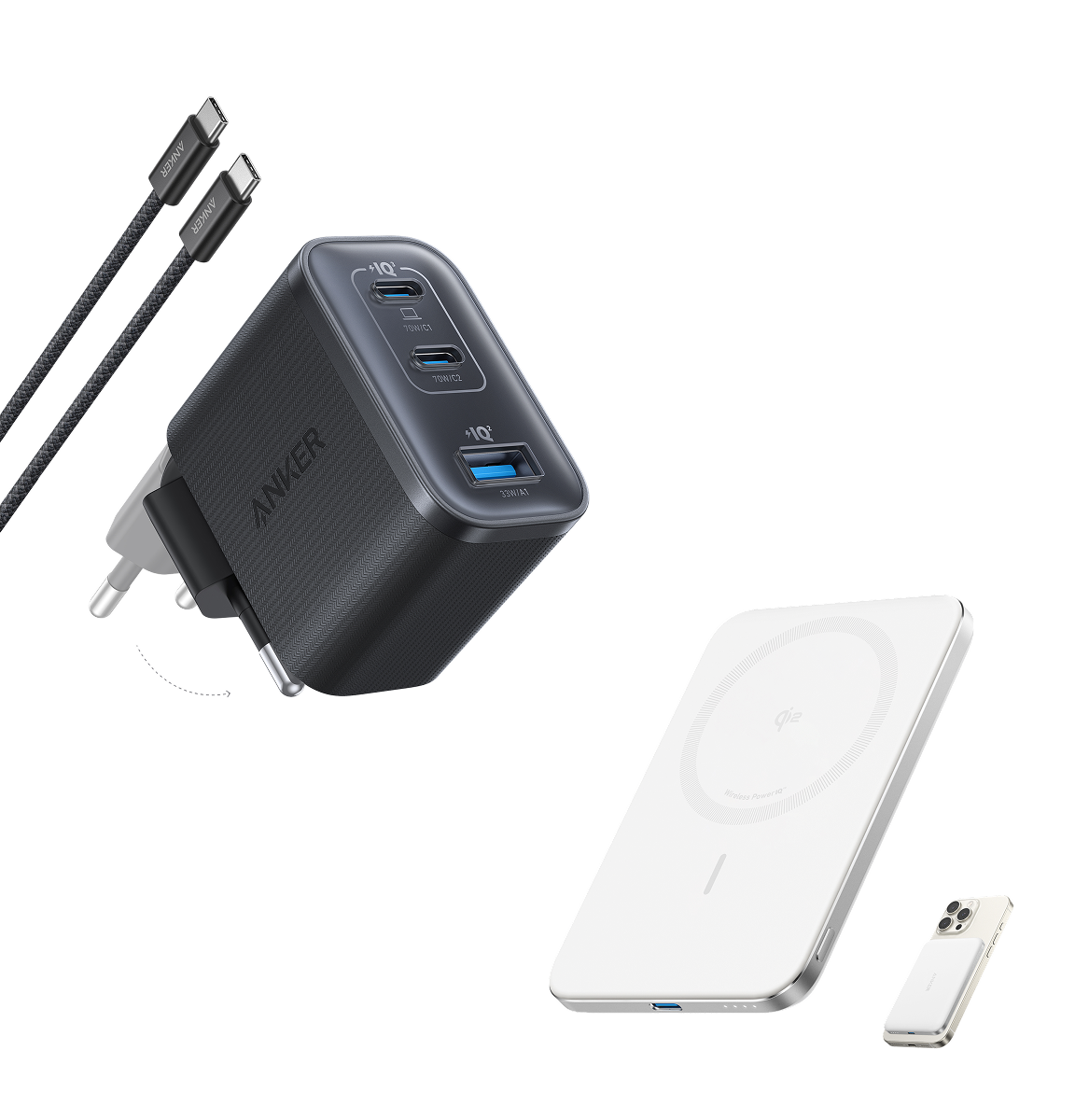 Powerbank Nano firmy Anker, super cienki, 5 000 mAh magnetyczna bateria i Anker Nano USB C Ładowarka sieciowa, 3-portowa ładowarka typu C