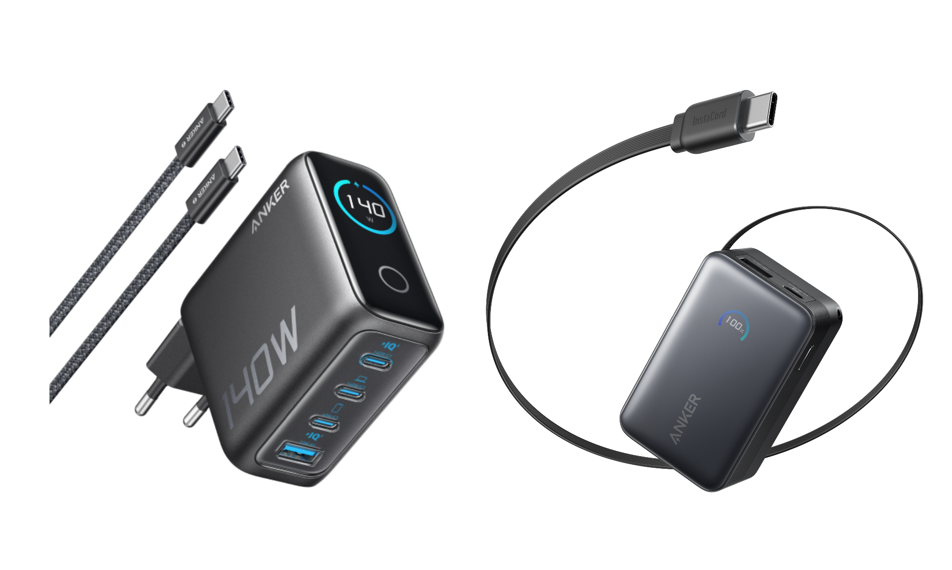 Anker Laptop Ładowarka (140 W, 4 porty, PD 3.1) z kablem USB-C i Powerbank Anker Nano (10K, 45W, Wbudowany zwijany kabel USB-C)