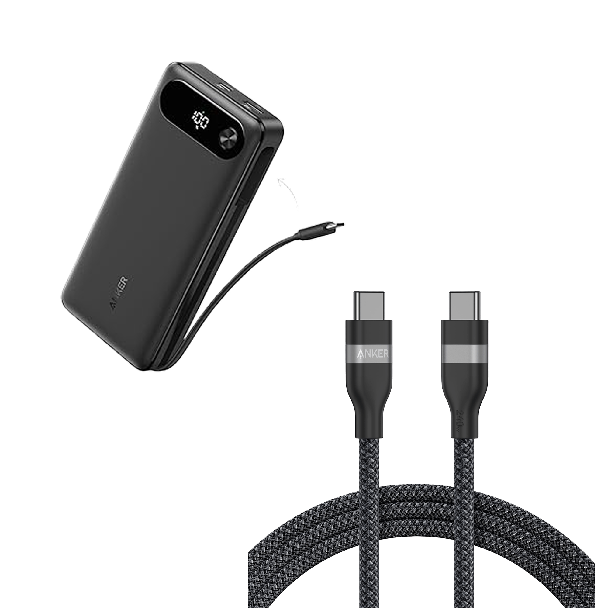 Anker Powerbank ( 20 000 mAh, 87 W, z wbudowanym kablem USB C) i Anker Kabel USB C (240 W)