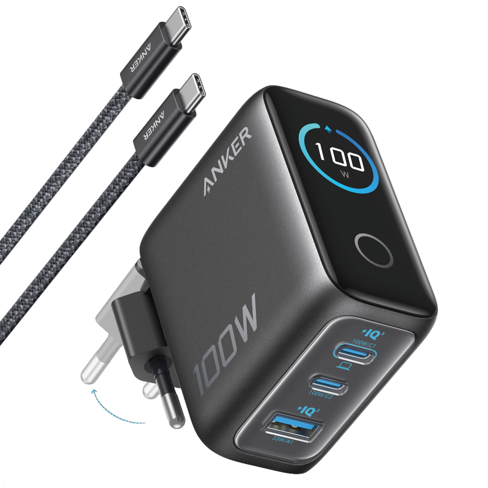 Anker Ładowarka (100 W, 3 porty, inteligentny wyświetlacz)
