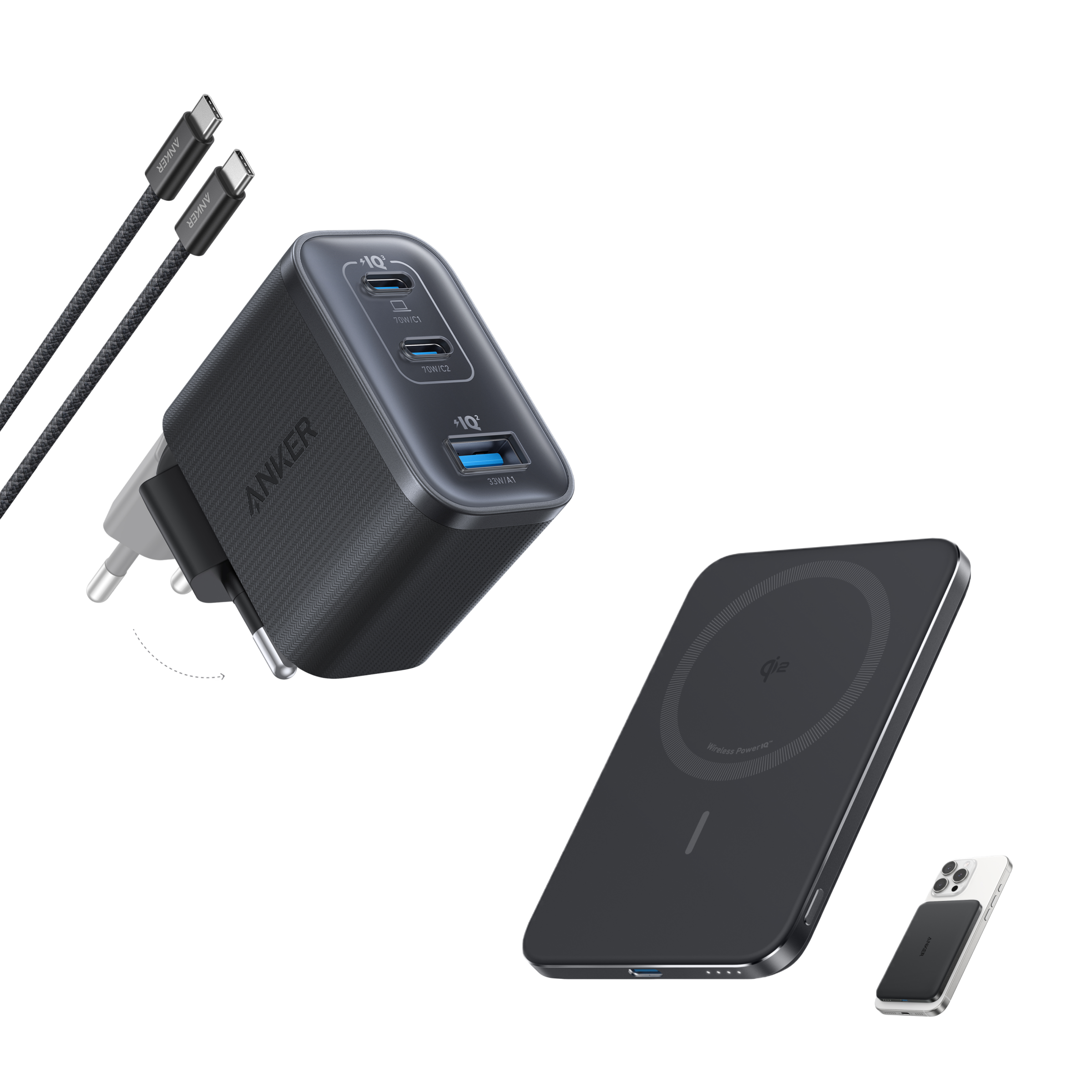 Powerbank Nano firmy Anker, super cienki, 5 000 mAh magnetyczna bateria i Anker Nano USB C Ładowarka sieciowa, 3-portowa ładowarka typu C