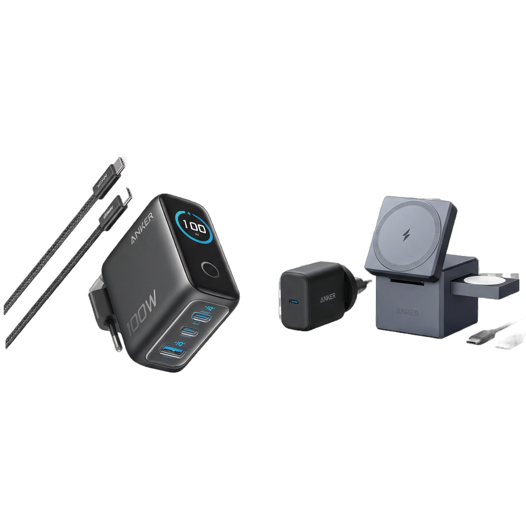 Cube 3-en-1 MagSafe Anker + Anker Chargeur Bloc USB-C 100 W Max 3 Ports